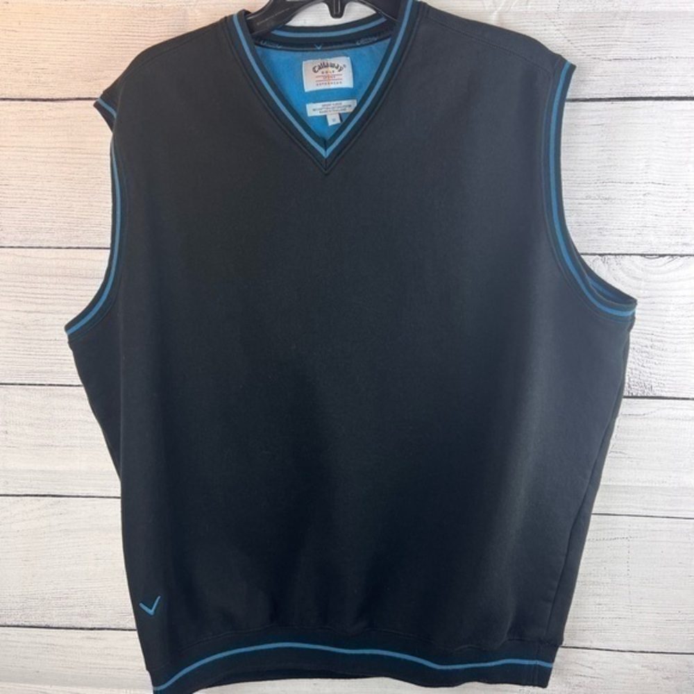 Callaway Golf Men's Medium Black‎ Sport Fleece Cotton Blend Vest  Blue Trim